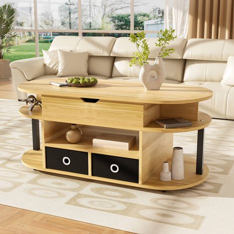 Table basse relevable 100x50x40 cm bois veiné, tiroirs et rangements, polyvalente salon et bureau (1/5)
