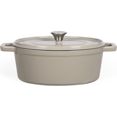 Cocotte ovale en fonte émaillée 29cm beige – Couvercle avec picots pour arrosage continu – Compatible induction – MEP129G – Livoo (1/5)