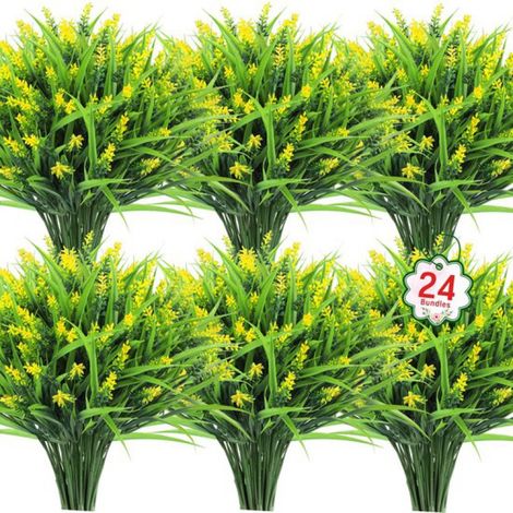 24 bouquets de plantes artificielles - Fleurs de lavande artificielles - Gazon artificiel - Plantes vertes en plastique résistant aux UV - pour jardin, maison, véranda, fenêtre, terrasse, suspension, (1/5)
