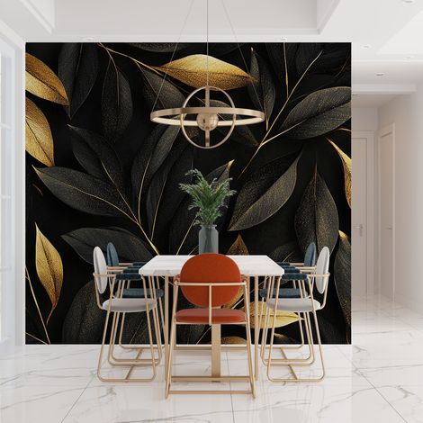 Papier Peint Feuillage - Éclats Dorés sur Noir - 150 x 250 cm (1/2)