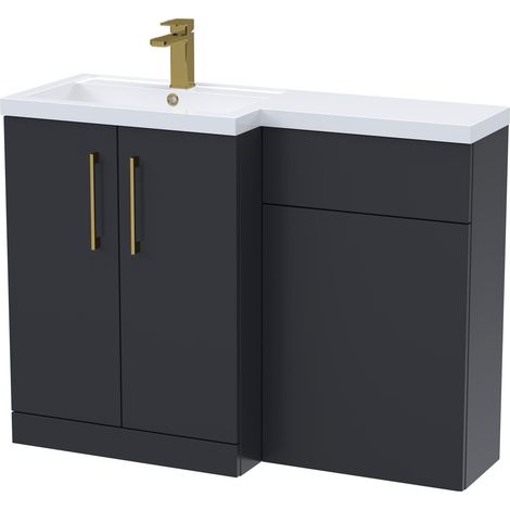 Balterley Left-Hand Bathroom Vanity and WC Unit Combination with Basin - 1100mm - Satin Dark Grey with Brushed Brass Handles