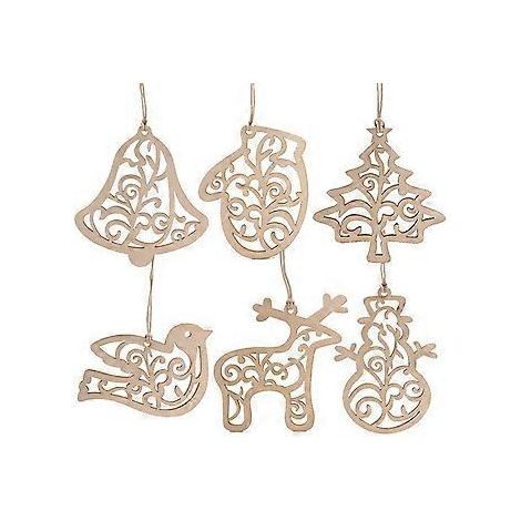 Lot de 6 décorations de Noël en bois découpées, bonhomme de neige, à suspendre au sapin, à découper et à accrocher (bonhomme de neige). (1/3)