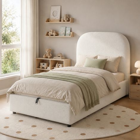 Polster-Einzelbett 90 x 200 cm mit hydraulischem Stauraum, Kopfteil, Bouclé Beige (1/5)