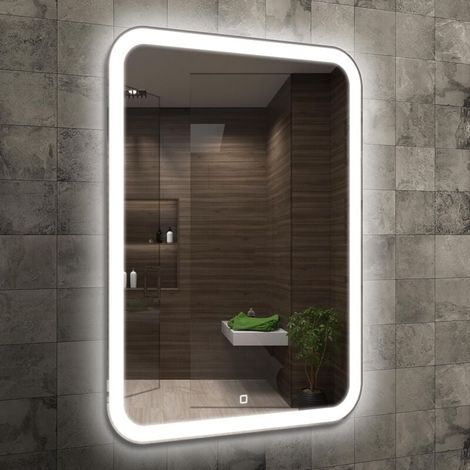 Rechteckiger Badezimmerspiegel 50 x 70 cm mit LED-Beleuchtung und Touch-Schalter, abgerundete Ecken, LED-Spiegel mit weißer LED-Beleuchtung (1/4)