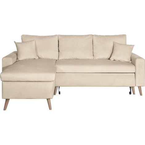 Canapé d'angle MARIA SCANDINAVE VELOURS réversible et convertible avec coffre - Beige (1/5)