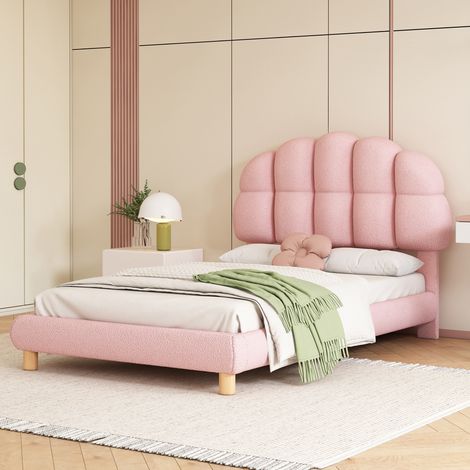 Lit 1 place 90x200 cm, matelas capitonné pour enfant et adolescent, sommier à lattes bois, revêtement polaire rose, lit douillet (1/5)