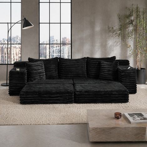 Divano letto in velluto a coste nero, schienale alto, tasche laterali e portabicchieri DESVIAE (1/5)