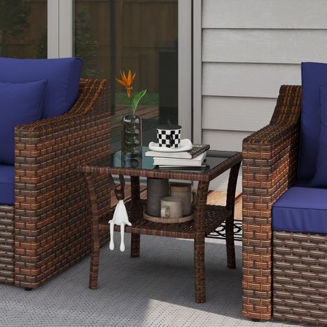 Mesa de Ratán PE Cuadrada 50x50x45 cm Mesa de Jardín con Estante Encimera de Cristal y Marco de Acero Carga 30 kg Marrón (1/5)