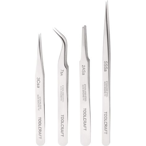 TOOLCRAFT 816747  Pinzetten-Set 4teilig SS SA, 2a SA, 7 SA, 3c SA Flach-rund, Sichelspitze, gebogen