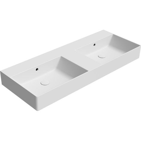 Lavabo double KUBE X en céramique 120x47cm, sans trou pour robinetterie, blanc mat (1/3)