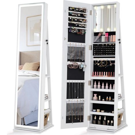 GOPLUS Armoire à Bijoux avec Miroir Pleine Longueur LED, Miroir Intérieur Éclairé 3 Couleurs, Étagères Arrière, Organisateur de Bijoux Pivotant Autoportant pour Femmes Filles (Blanc)