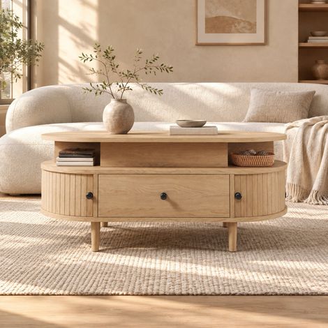 Ovale Couchtisch mit Hubplatte und Stauraum 105 x 50 cm, MDF, Natur REDOM (1/5)