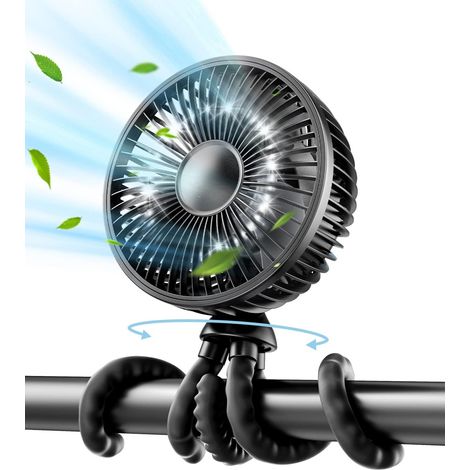 Ventilatore per passeggino, ventilatore oscillante da 4000 mAh con luce, ventilatore da scrivania portatile a batteria con 4 velocità, treppiede flessibile girevole a 360° con clip. (1/4)