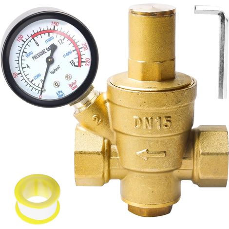 1/2" DN15 Water Pressure Reducer with Pressure Gauge Water Pressure Regulator Made of High Hardness Brass Adjustable Pressure Reducer for Water Pressure Relief Valve (1/5)
