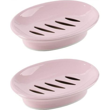 Two pink soap dishes, each 15.5 x 11 cm, with drain hose, plastic sponge holder and protective soap tray. (1/4)