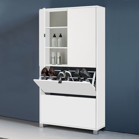 Mobile scarpiera 2 ante e 2 ribalta in legno con ripiani 76x155h cm Bianco Lucido
