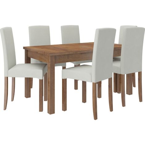 Ensemble table extensible 140-180cm et 6 chaises en bois marron et tissu beige clair Zakria (1/5)