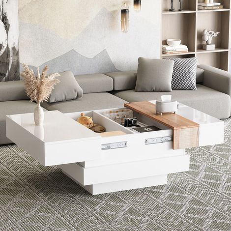 Table d'appoint carrée 70 x 70 x 39 cm, finition brillante, plateau extensible, avec rangements dissimulés et séparateurs, blanc et couleurs primaires. (1/5)
