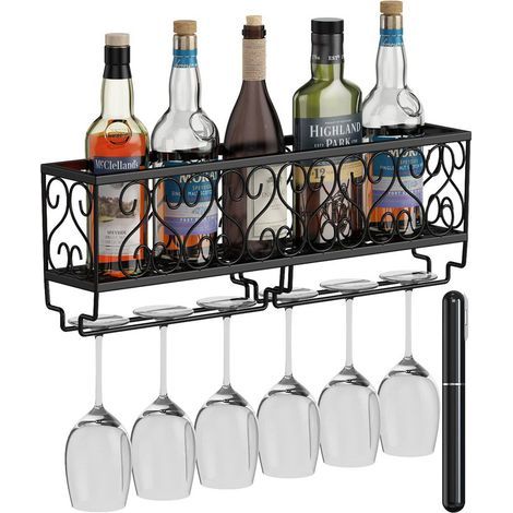 Sacacorchos/abridor de botellas de metal negro para montaje en pared, apto para copas de vino, copas de champán y copas con tallo, de 50 x 10 cm, con capacidad para hasta 6 botellas de vino y 6 copas. (1/5)