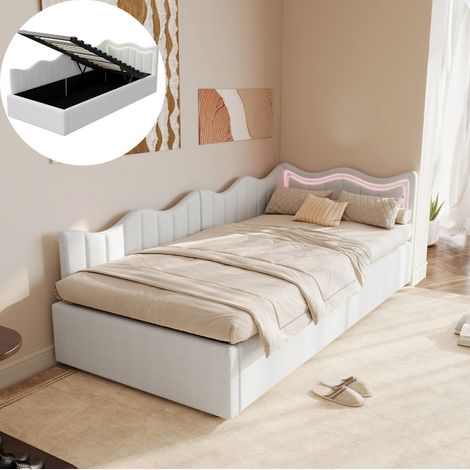 Lit simple rembourré 90x200 cm avec éclairage LED, canapé-lit coffre 90x200cm avec rangement hydraulique, sommier à lattes en bois, pour enfant et adulte, sans Matelas, velours teddy, Blanc (1/5)