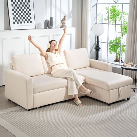 Canapé d'angle convertible modulable avec méridienne réversible, coffre de rangement et 3 coussins de dossier, crème (1/5)