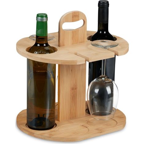 Support pour vin, bambou, 2 bouteilles et 4 verres, HxLxP: 30,5x30x25 cm, idée cadeau pour nophiles, nature (1/5)
