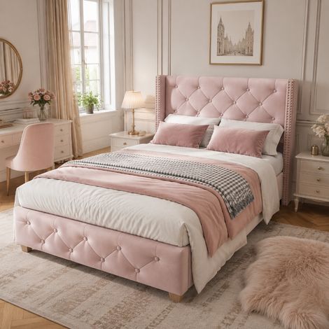 Polsterbett 90x200 rosa mit Lattenrost und Kopfteil, modernes Samtbett Einzelbett mit Knopfheftung und Nieten, Holzbeine, 100x205x108 cm (1/5)