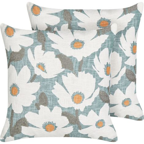 Set of 2 Decorative Cushions JATROPHA Cotton 45 x 45 cm Light Blue Floral Pattern
