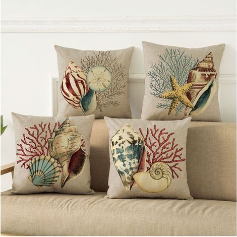 4 Pcs Housses de Coussin 45 x 45 cm, Carré Décoratif Taie d'oreiller Canapé Housse Coussin océan Conque, Coquillage Imprimé Motif Animal Lin Décoration Maison pour Chambre Salon Bureau (1/5)