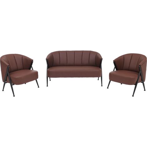[NON UTILIZZATO] Set da salotto HHG-688, divano a 2 posti, 2 poltrone, stile vintage retrò industriale, metallo, ecopelle, rosso ruggine