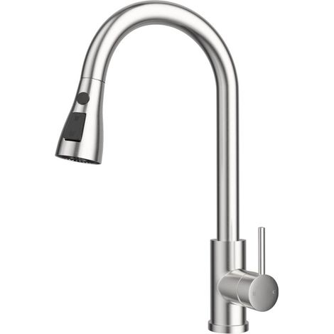 Extendable kitchen faucet, high-pressure kitchen mixer tap with pull-out spray, kitchen faucet with 3 spray patterns, 360° swivel kitchen mixer tap, in brushed stainless steel