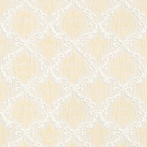 Papier peint intissé crème et jaune Tapisserie effet textile pour couloir Papier peint style baroque chic idéal pour chambre et salon (1/4)