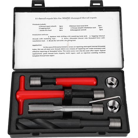 Kit de réparation de filetage en acier inoxydable, perceuse torsadée, clé à taraud, outil d'insertion fileté M16x2 11 pièces (1/5)
