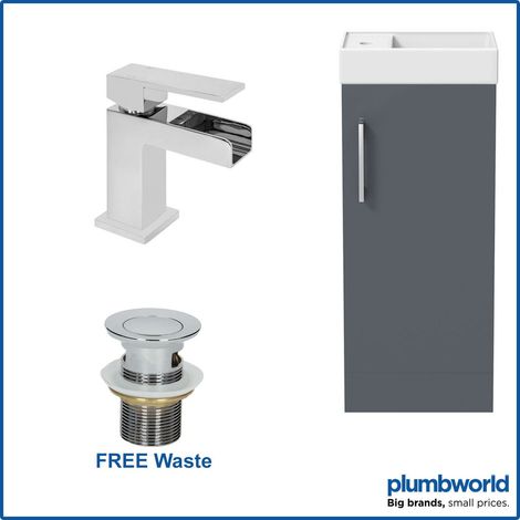 400mm Grey Gloss Bathroom Vanity Unit with Basin Sink Storage with Dakota Waterfall Mixer Tap & Waste (1/5)