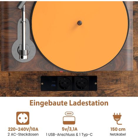 Plattenspielerstander plattenschrank mit steckdose usb typ c 795 x 40 x 79 cm rustikales braun