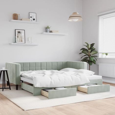 Vidaxl – Lit gigogne avec tiroirs gris clair 90x200cm – Velours 100% polyester – Dimensions déployé 223x192,5cm – Pour chambre ou salon (1/5)