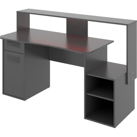 Bureau Gaming Table de jeu coloris graphite avec LED - Longueur 153,5 x Profondeur 62-68.5 x Hauteur 84.2-97 cm -PEGANE-