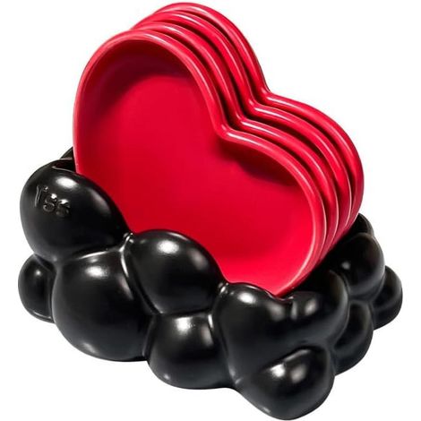 Lot de 4 bols à apéritif en céramique en forme de cœur avec support nuage - Assiettes à condiments et à amuse-bouche rouge vif, élégant support de rangement nuage noir pour la cuisine, les repas à la (1/5)