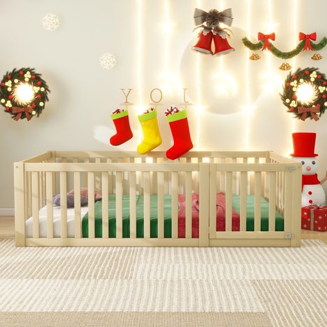 Lit pour enfants 90 x 200,cadre de lit au sol en bois avec clôture et porte