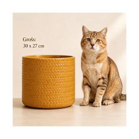Set di piante in ceramica fatte a mano, 1 pezzo (Ø37cm), giallo grano lucido, con rilievo rotondo a forma di fetta di pesce, traspirante, resistente al gelo, con fori interni, per balcone e giardino (1/5)