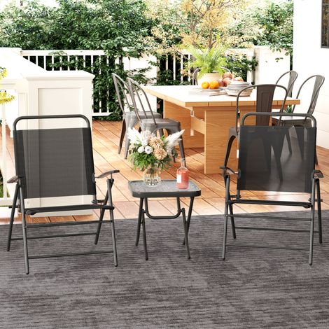 Conjunto de 3 Piezas Mesa con Encimera de Cristal y Sillas Plegables con Respaldo Regulable para Terraza Exterior Negro (1/5)