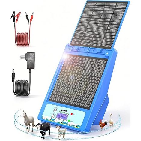 12V Solar Electric Fence Device, Waterproof Fence Electrifier Lithium Battery, 0.3-2J, 6KV-12KV Adjustable, Solar Panel, Animals Blue (1/5)