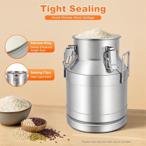Bidon Lait Inox 10L, Boîte Conservation Alimentaire Acier, Conteneur Hermétique Pour Riz Thé Huile Vinaigre, Grand Orifice Facile Nettoyage, Fond Surélevé Antidérapant, Argent 25x35cm (1/5)