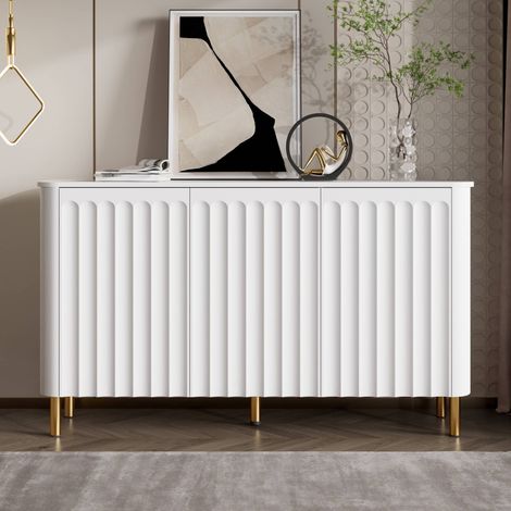 Buffet 3 portes, 135 x 36 x 78 cm, façades relief cannelé et pieds métal, en MDF, pour salon et salle à manger, Blanc (1/5)