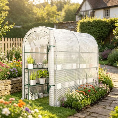 Caseta de jardín con estantes, 123 x 187 x 189 cm, pequeña caseta de jardín con puerta enrollable, lona de alta densidad de 140 g/m², resistente a la intemperie, para jardín y terraza. (1/5)