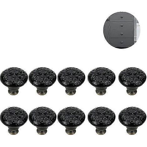 Ensemble de 10 boutons de meuble vintage en céramique avec vis - Gris, noir, blanc - Diamètre : 34 mm, Hauteur : 32 mm (1/4)