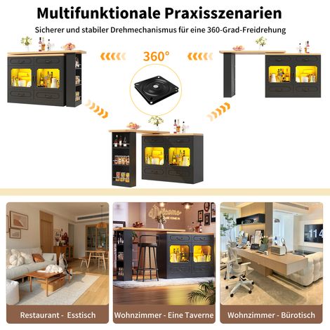 Table extensible avec rangement (135-203×39×92,8 cm), bar pivotant à 360°, idéal chambre, salon, salle à manger, table haute télescopique LED, îlot de cuisine noir (1/5)