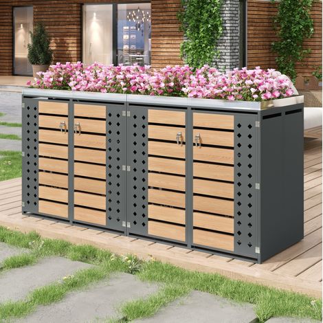 Mülltonnenbox 4 Fächer grau in Stahl mit Holzoptik, abschließbar und Pflanzkasten (1/5)