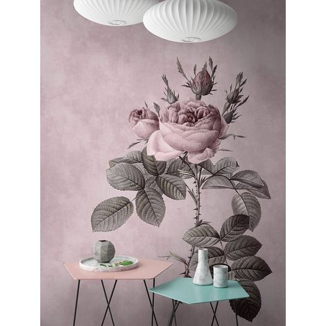 Papier peint panoramique pastel rose floral | Tapisserie panoramique vintage fleurie rose | Papier peint panoramique chambre adulte & cuisine - 270 x 400 cm (4 pièces) (1/5)