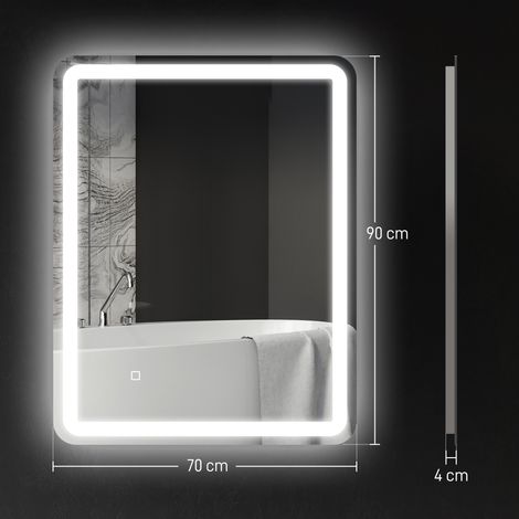 Miroir de salle de bain lumineux, tactile, antibuée, à intensité variable, 3 couleurs d'éclairage, 70 x 90 cm, argent (1/5)
